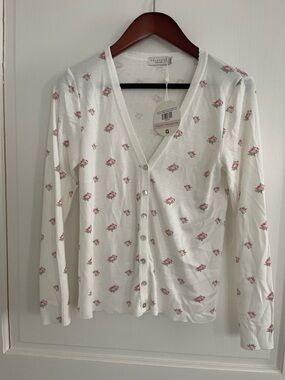 Polkadot London White Floral Button-Up Cardigan - Pink Rose Print small nwt